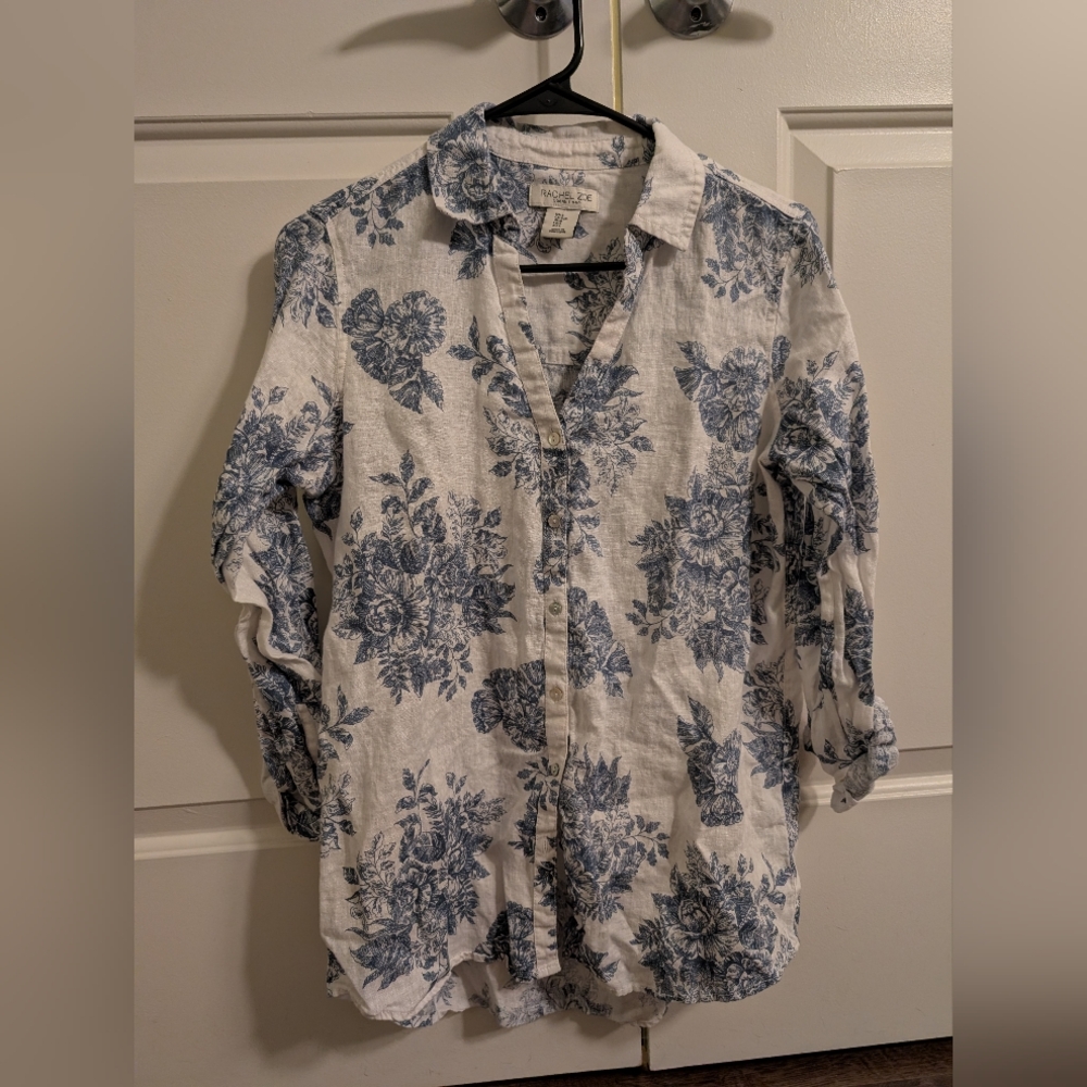 Rachel Zoe White and Blue Floral Button Down Shirt